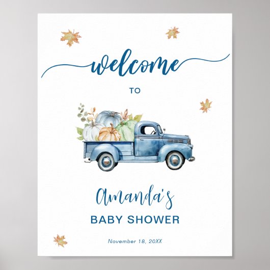 Blauwe Vrachtwagen Pompoen Baby shower Welkomstbor Poster (Voorkant)