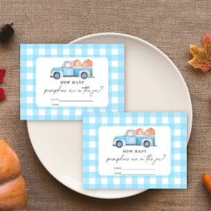 Blauwe vrachtwagen - raad eens hoeveel pompoen er  informatiekaartje