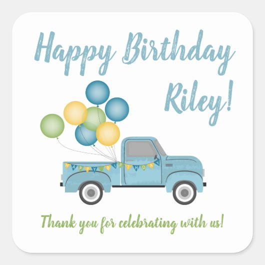  blauwe vrachtwagen rijden door verjaardagsfeestje vierkante sticker (Voorkant)