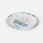 Blauwe Vrachtwagen Winter Onederland Verjaardag Papieren Bordje (Gekanteld)