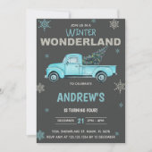 Blauwe vrachtwagen Winter Wonderland Birthday Invi Kaart (Voorkant)