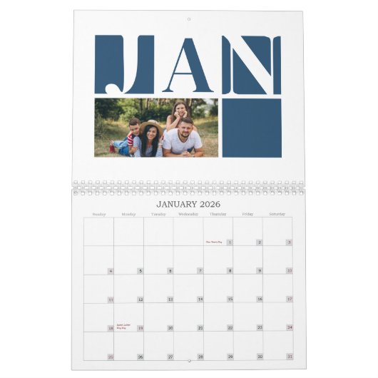 Blauwe Vreugde Typografie Familie Fotocollage Kers Kalender (Jan 2026)