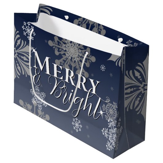 Blauwe vrolijke en heldere sneeuwvlokken Kerstmis Groot Cadeauzakje (Voorkant Gekanteld)