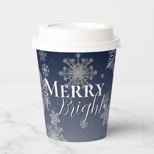Blauwe vrolijke en heldere sneeuwvlokken Kerstmis Papieren Bekers (Voorkant)