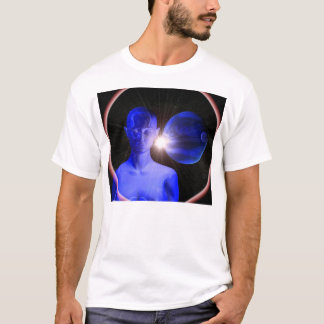 Blauwe vrouw in de ruimte t-shirt