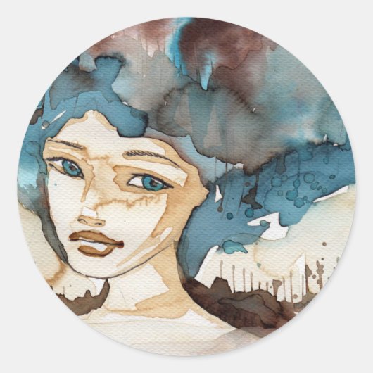 Blauwe vrouw ronde sticker (Voorkant)