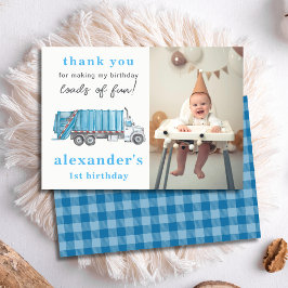 Blauwe Vuilniswagen Eerste Verjaardagsfoto Bedankkaart