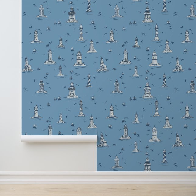 Blauwe Vuurtoren Kust Toile Behang (Applicatie)