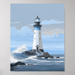 Blauwe vuurtoren op de oceaan poster