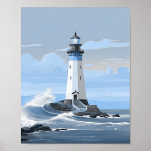 Blauwe vuurtoren op de oceaan poster