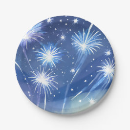Blauwe Vuurwerk | Waterverf Vuurwerk Vieren Papieren Bordje