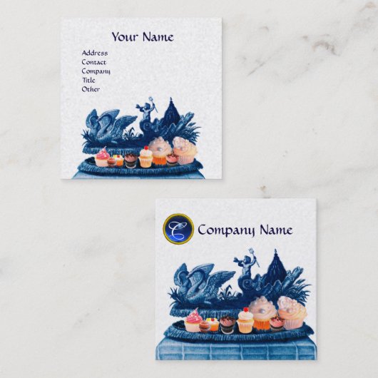 BLAUWE WAGEN VAN ZWANEN, CUPCAKES, GEBAK Witte Par Vierkante Visitekaartje (Voorkant / Achterkant)