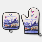 BLAUWE WAGEN VAN ZWANEN, VLINDERS EN CUPCAKES OVENWANT & PANNENLAP SET (Voorkant)