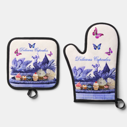 BLAUWE WAGEN VAN ZWANEN, VLINDERS EN CUPCAKES OVENWANT & PANNENLAP SET (Voorkant)