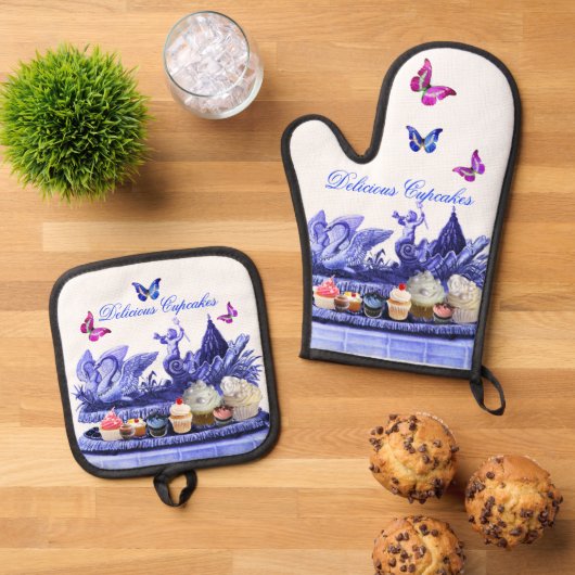 BLAUWE WAGEN VAN ZWANEN, VLINDERS EN CUPCAKES OVENWANT & PANNENLAP SET (Top down)