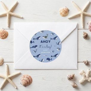 Blauwe Walvis Ahoy Het is een Jongen Baby Borrel Ronde Sticker