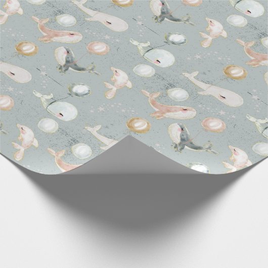 Blauwe walvis Dolfijn en Ballon Gouden Glitter Cadeaupapier (Hoek)