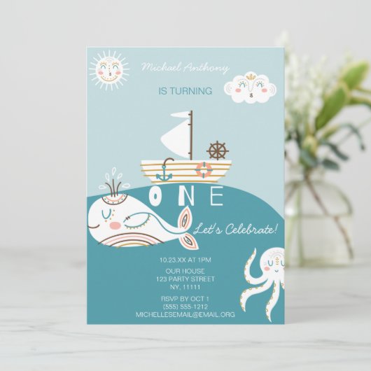 Blauwe walvis eerste uitnodiging (Staand voorkant)