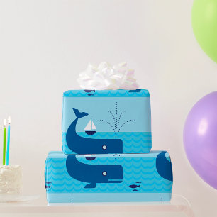 Blauwe walvis en blauwe zeilboot cadeaupapier