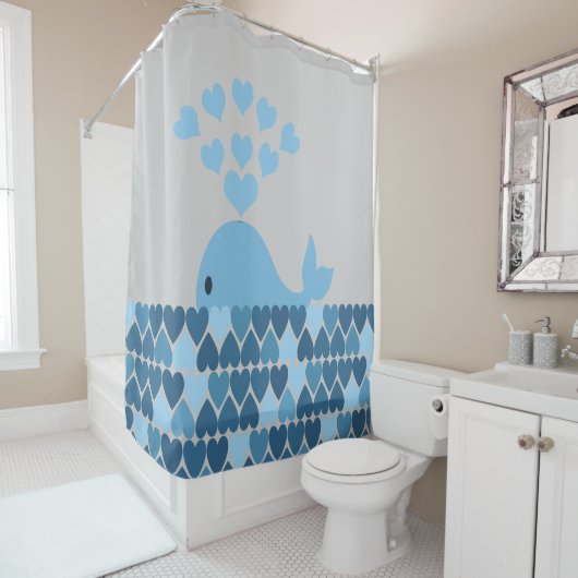 Blauwe walvis en harten douchegordijn (In situ)