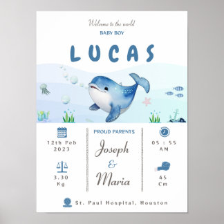 Blauwe walvis Geboorte Statistieken Keepsake Kweke Poster