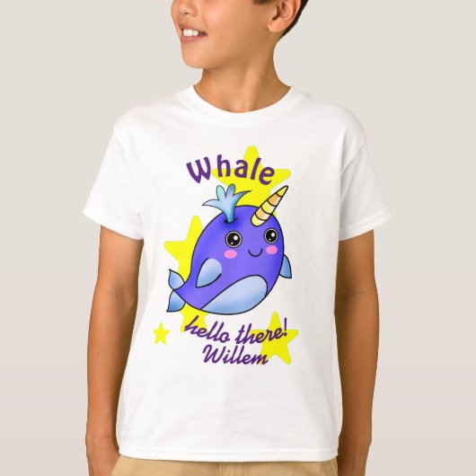 Blauwe walvis Hallo daar met kutgele sterren T-shirt (Voorkant)
