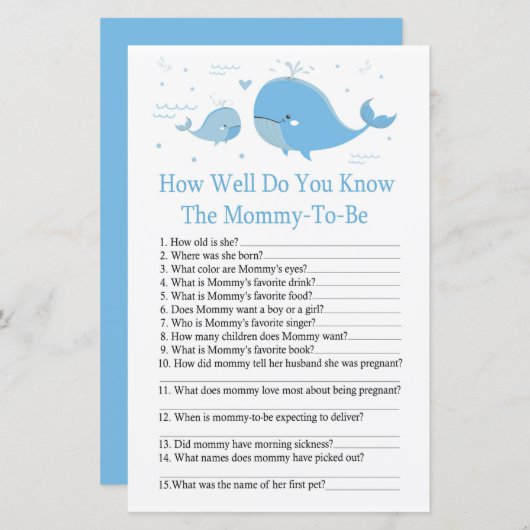 Blauwe walvis Hoe goed ken je het baby shower spel (Voorkant / Achterkant)