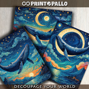 Blauwe walvis in een blauwe Van gogh wereld Inpakpapier Vel