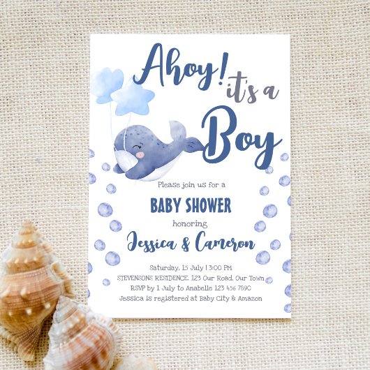 Blauwe walvis is een jongen-nautisch baby shower kaart