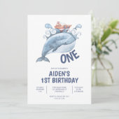 Blauwe walvis jongen 1e verjaardag kaart (Staand voorkant)