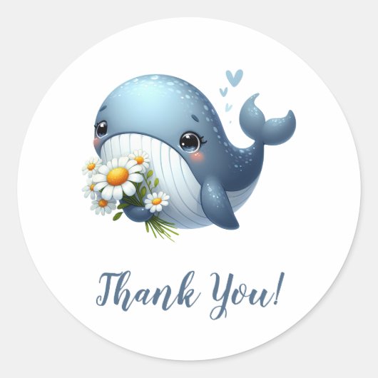 Blauwe walvis met zonnebloemen Dank u Ronde Sticker (Voorkant)