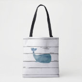 Blauwe walvis schip rustiek wit hout patroon tote bag (Voorkant)