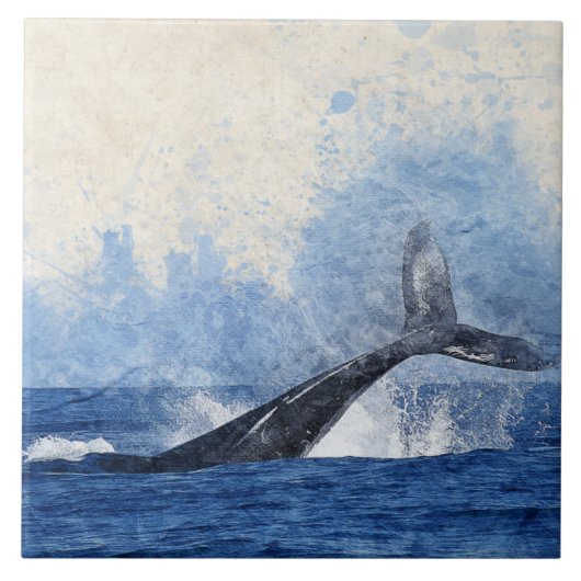 Blauwe walvis spatten in Ocean Art Tegeltje (Voorkant)