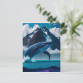Blauwe walvis springen berg achtergrond briefkaart (Staand voorkant)