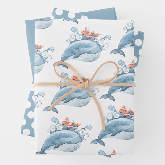 Blauwe walvis Waterverf Birthday Inpakpapier Vel (In situ)