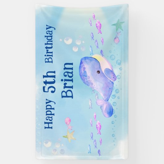 Blauwe walvis Waterverf Birthday Spandoek (Verticaal)