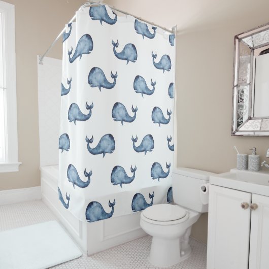 Blauwe walvis. Zee. Nautisch marine-patroon Douchegordijn (In situ)