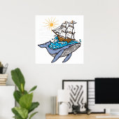 Blauwe Walvis Zeilschip Golf Zonneschijn Poster (Thuiskantoor)