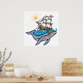 Blauwe Walvis Zeilschip Golf Zonneschijn Poster (Keuken)