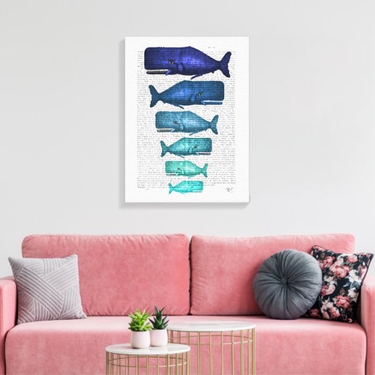 Blauwe walvisfamilie canvas afdruk (Insitu (Woonkamer))