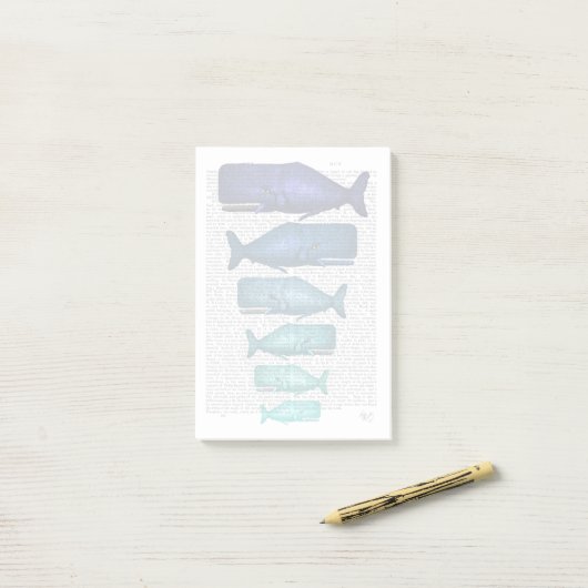 Blauwe walvisfamilie post-it® notes (Op bureau)