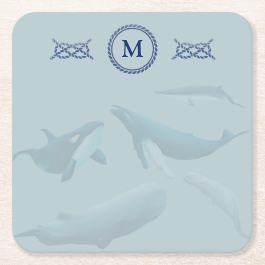 Blauwe walvissen met monogram kartonnen onderzetters (Voorkant)