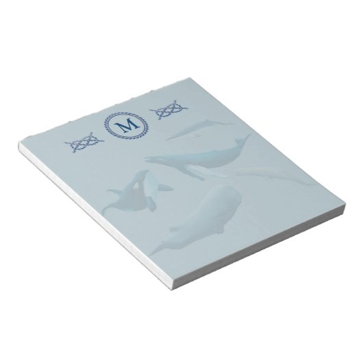 Blauwe walvissen met monogram notitieblok (Schuin)
