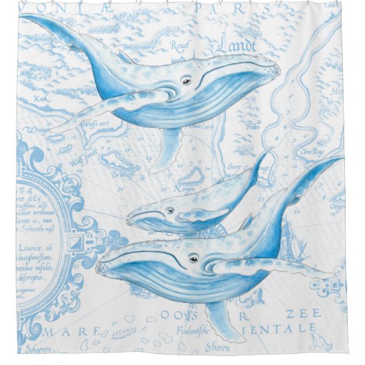 Blauwe walvissen op wit douchegordijn (Voorkant)