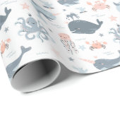Blauwe walvissen Roze Octopus Neutrale Kleuren Zee Cadeaupapier (Rol Hoek)