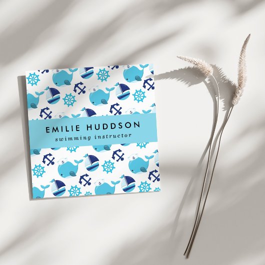 Blauwe walvissen, zweminstructeur, zwemcoach vierkante visitekaartje