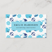 Blauwe walvissen, zweminstructeur, zwemcoach visitekaartje (Voorkant)