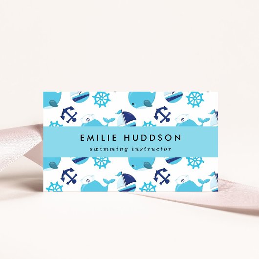 Blauwe walvissen, zweminstructeur, zwemcoach visitekaartje