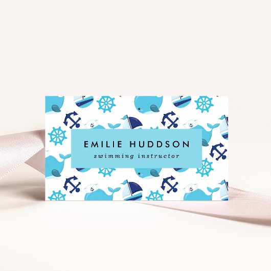 Blauwe walvissen, zweminstructeur, zwemcoach visitekaartje
