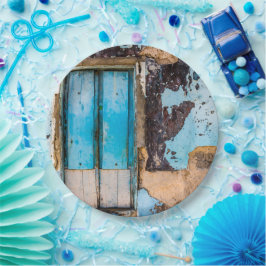 Blauwe wand en deur papieren bordje